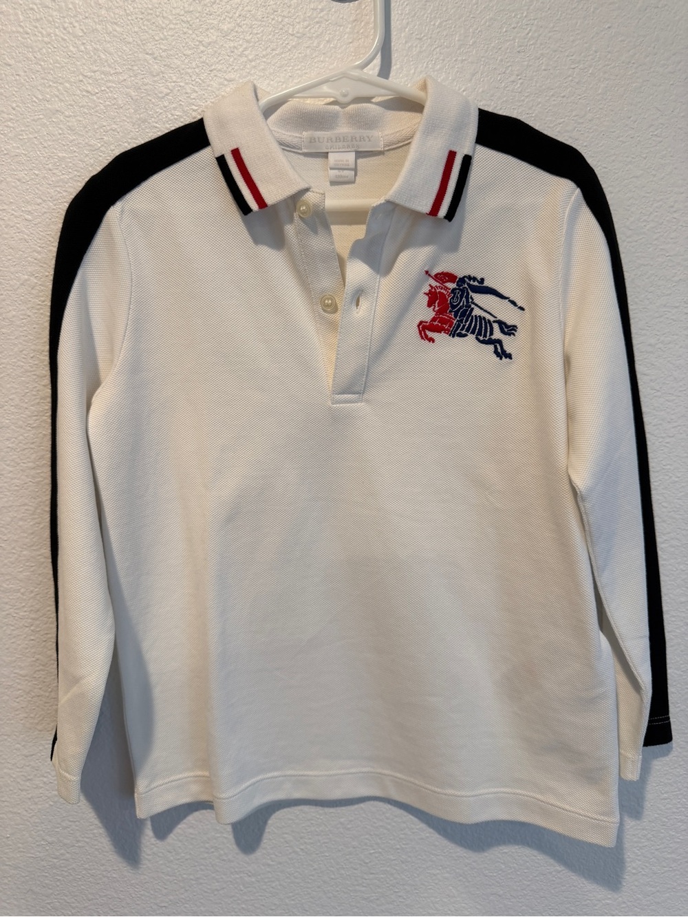 Burberry Kids White Polo with Navy Shoulder Stripes & Red Embroidery